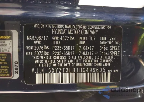 2017 Hyundai Santa Fe Sport 2.4L from USA, damaged, VIN 5XYZT3LB1HG499605